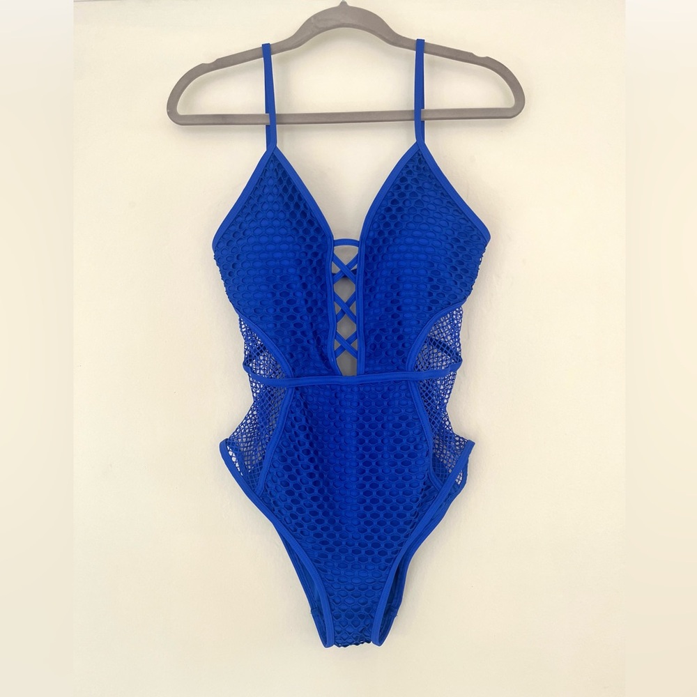 Cobalt Blue Fish Net One Piece Swimsuit
